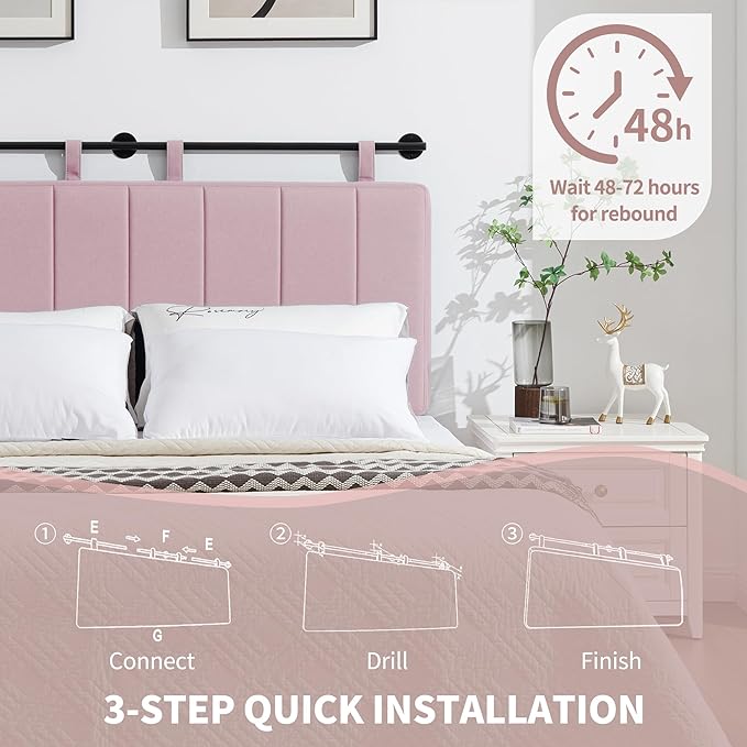 UEV Queen Headboard Only, Wall Mounted Hanging Upholstered Bed Head Board, Modern Vertical Channel Design of Fine Linen, Elegant Pink Fluted Headboard for Bedroom (Pink, Queen Size)