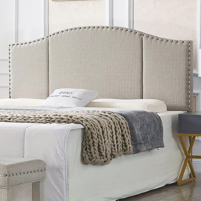24KF Middle Century Linen Upholstered Tufted King Size Headboard with Antique Brass Nail Heads Trim King/California King headboard-Linen