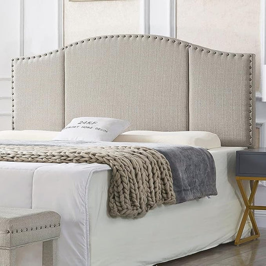 24KF Middle Century Linen Upholstered Tufted King Size Headboard with Antique Brass Nail Heads Trim King/California King headboard-Linen