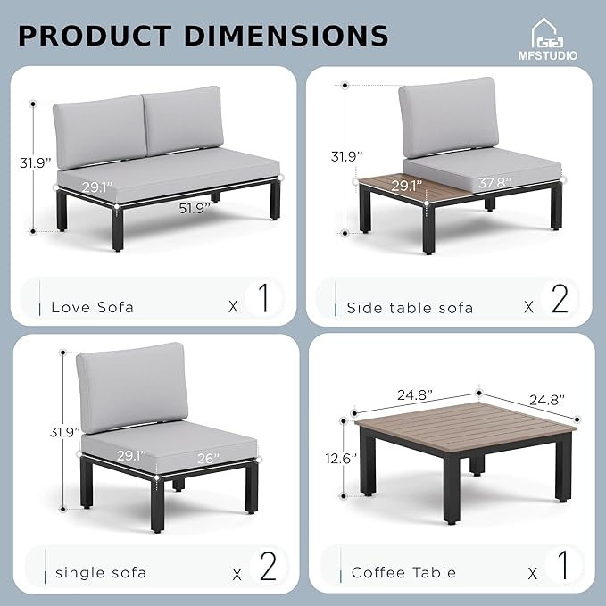 MFSTUDIO 6 Pieces Patio Furniture Set, Outdoor Sectional Metal Frame Patio Conversation Set, Modular Outdoor Couch with Coffee Table&Removable Cushion for Backyard, Garden