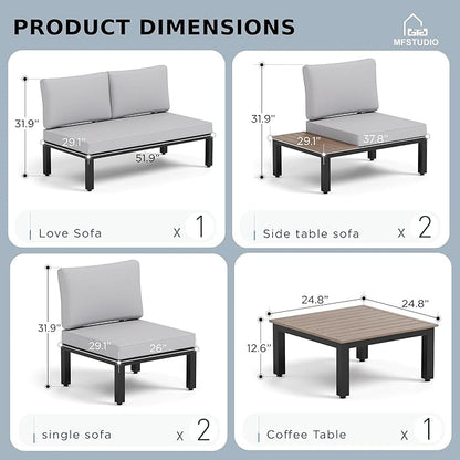 MFSTUDIO 6 Pieces Patio Furniture Set, Outdoor Sectional Metal Frame Patio Conversation Set, Modular Outdoor Couch with Coffee Table&Removable Cushion for Backyard, Garden