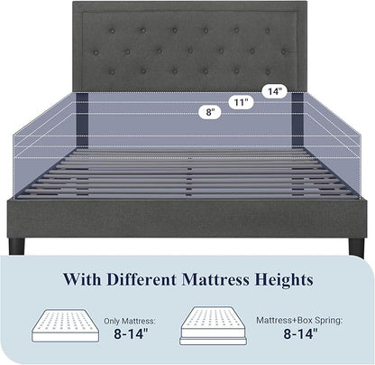 Allewie Queen Size Button Tufted/Fabric Upholstered Bed Frame with Adjustable Headboard/Wood Slat Support/Mattress Foundation/Dark Grey