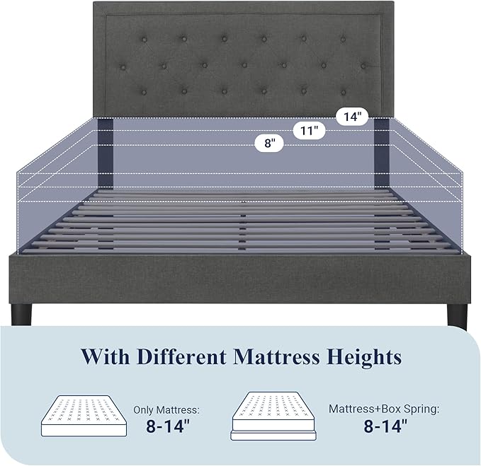 Allewie Full Size Button Tufted Platform/Fabric Upholstered Bed Frame with Adjustable Headboard/Wood Slat Support/Mattress Foundation/Dark Grey (Full)