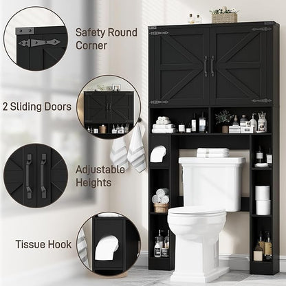 Vabches Over The Toilet Storage Cabinet, Farmhouse Storage Cabinet Over Toilet with 2 Barn Doors ，Toilet Paper Holder Stand，Home Space-Saving Toilet Rack, for Laundry, Restroom, Bathroom.Black.