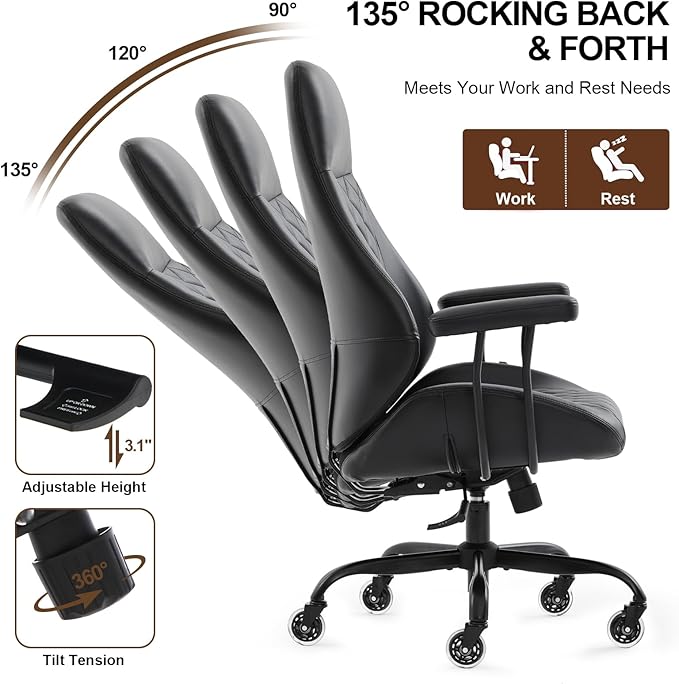 Home Office Desk Chair, Ergonomic High Back Leather Computer Chair with Lumbar Support, Adjustable Height & Recline, Swivel Executive Office Chair with Armrests and Rubber Casters, Black
