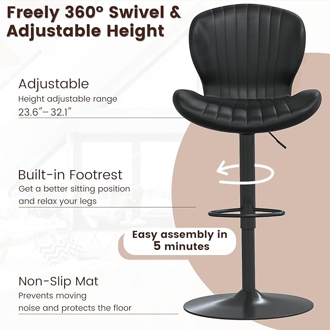 Waleaf Modern Adjustable Swivel Bar Stools Set of 4，Hydraulic Faux Leather Counter Height Barstool with Ergonomic Backrest and Footrest,Upholstered Pub Dining Chairs for Kitchen Island
