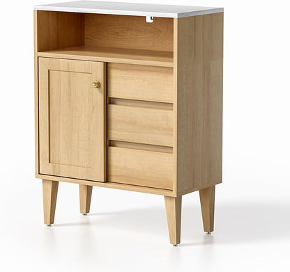 Small Bathroom Floor Cabinet with 3 Drawers Toilet Cabinet with Sliding Door Farmhouse Side Storage Organizer Cabinets with Faux Marble Top for Kitchen, Living Room， Natural Oak