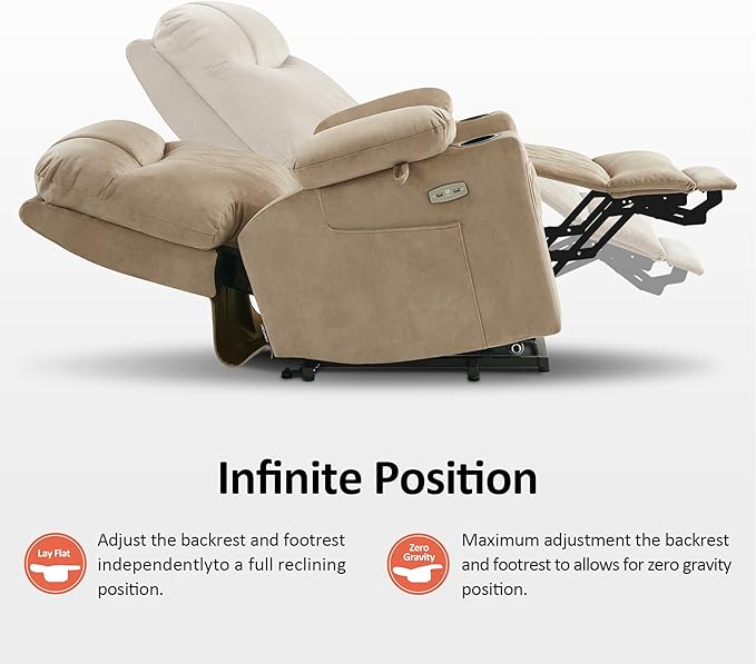 MCombo Small Size Triple Motor Power Lift Recliner Chair Sofa with Massage and Dual Heating, Adjustable Headrest for Elderly People Petite, USB Ports, Extended Footrest, Fabric 7222 (Beige)