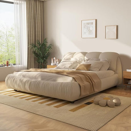 King Size Upholstered Platform Bed with Oversized Padded Backrest and Solid Wood Frame for Bedroom, Apartment Room, Beige