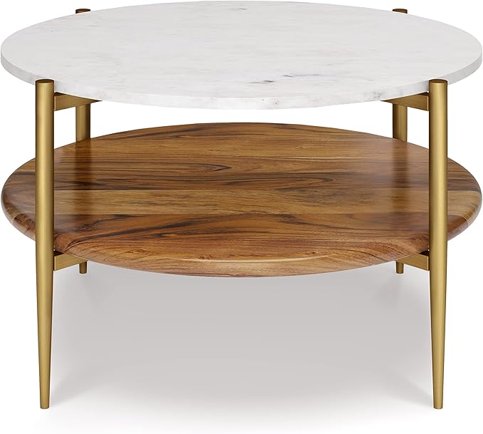 SIMPLIHOME Wagner Coffee Table - 30 inch Wide Solid Acacia Wood and Genuine Marble Round Living Room Table in White and Natural, Mid-Century Modern Table for Family Room with Gold Metal Base and Legs