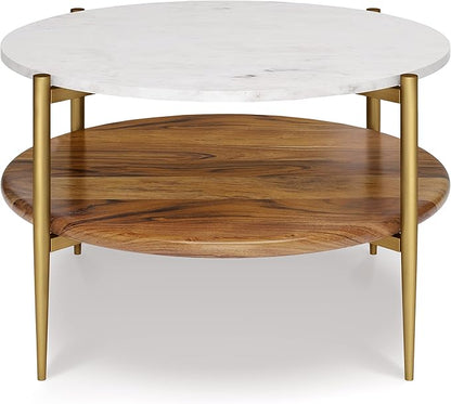 SIMPLIHOME Wagner Coffee Table - 30 inch Wide Solid Acacia Wood and Genuine Marble Round Living Room Table in White and Natural, Mid-Century Modern Table for Family Room with Gold Metal Base and Legs