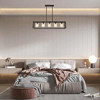 Farmhouse Dining Room Light Fixture Kitchen Island Pendant Lighting Rectangle Black Dining Room Lighting Fixture Modern Pendant Contemporary Chandeliers with Glass Shade Adjustable