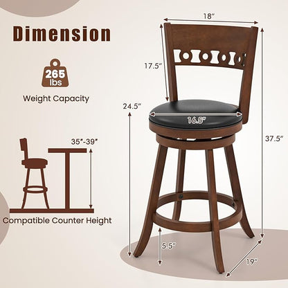 COSTWAY Bar Stools Set of 4, 24.5” Counter Height Bar stools with Solid Wood Legs, Cushioned Seat, Footrest, for Home, Kitchen Island, Bar (4, 24.5'' Seat Height)