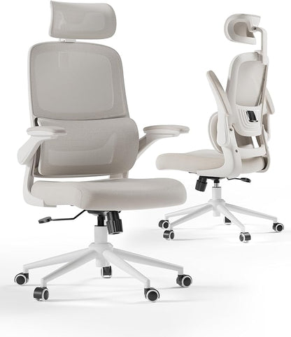 Hbada P1 Ergonomic Office Chair with 2D Lumbar Support & Adjustable Headrest - Heavy Duty 300lbs Capacity, 102° Reclining, Foldable Arms, Thick Cushion - Perfect for Home Office Chair, White