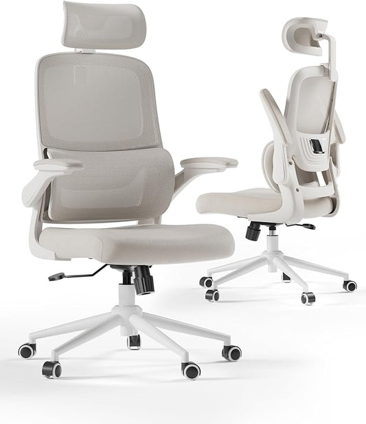 Hbada P1 Ergonomic Office Chair with 2D Lumbar Support & Adjustable Headrest - Heavy Duty 300lbs Capacity, 102° Reclining, Foldable Arms, Thick Cushion - Perfect for Home Office Chair, White