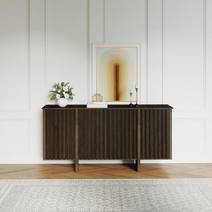 LukeAlon Fluted Sideboard Cabinet with Storage, 65" Mid-Century Modern Accent Buffet Cabinet, Wooden Credenza Cabinets for Living Room Dining Room Entryway Hallway, Walnut Color