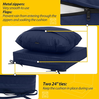 AAAAAcessories Outdoor Deep Seat Cushions, Waterproof, Fade-Resistant Patio Furniture Replacement Cushions, 24" x 24" x 5", Set of 2, Blue