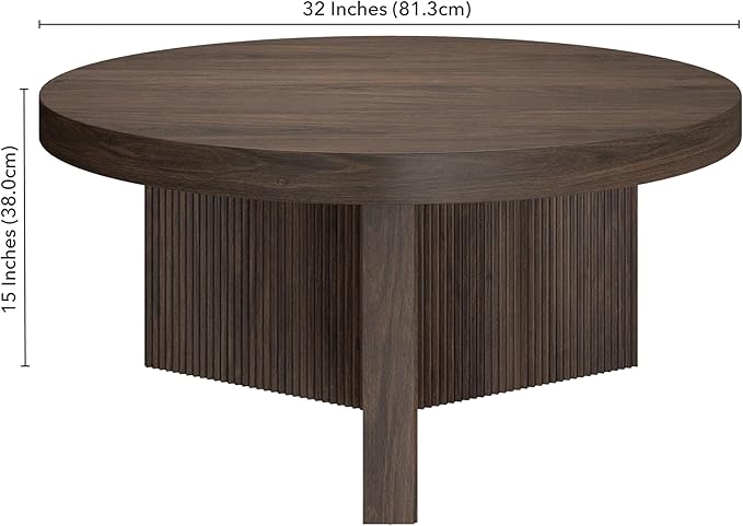 Henn&Hart 32" Fluted Round Low-Profile Coffee Table with Ribbed Pedestal Base Living Room, Family Room, Office, or Apartment, Alder Brown