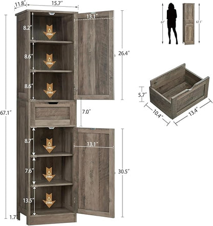 Iwell 67" Tall Storage Cabinet, Narrow Storage Cabinet with Drawer & Adjustable Shelves, Bathroom Cabinet, Floor Cabinet for Living Room, Home Office, Rustic Oak