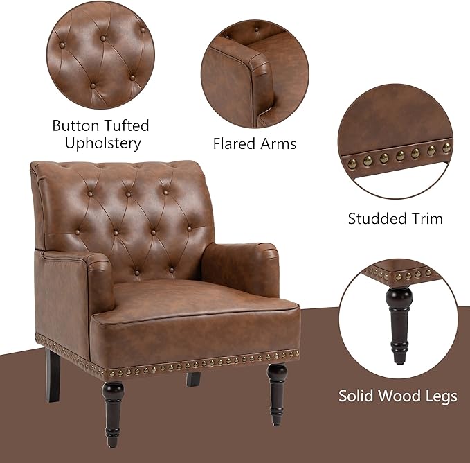 Pia Ricco PU Leather Accent Chair: Modern Nailhead Trim Armchair with Wooden Legs - Upholstered Reading Seat for Office, Living Room, Bedroom-Brown