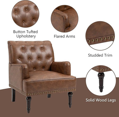 Pia Ricco PU Leather Accent Chair: Modern Nailhead Trim Armchair with Wooden Legs - Upholstered Reading Seat for Office, Living Room, Bedroom-Brown