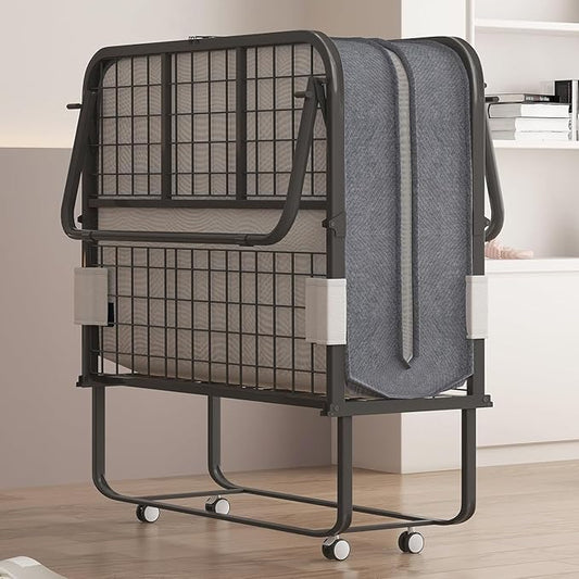 Mjkone Folding Bed with Mattress for Adults, Rollaway Bed with 5 Inch Memory Foam, Space Saving Portable Bed with Lockable Wheel, Sturdy Fold Up Frame and Memory Foam for Bedroom/Guest (75" x 51")