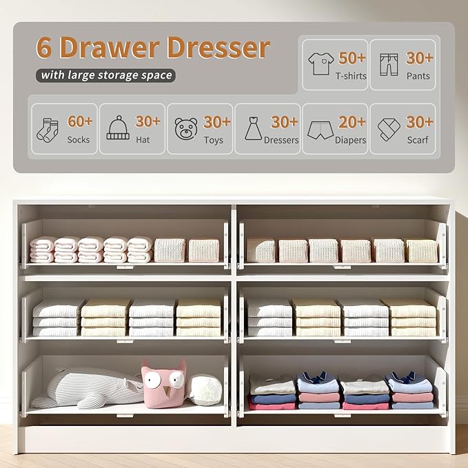White 6 Drawer Dresser Bedroom,55” Wide Large White Fluted Dresser with Gold Handles, Modern Chest of Drawer for Closet, Bedroom, Living Room