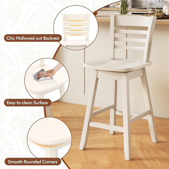 COSTWAY Bar Stools Set of 2, 24.5 Inch Swivel Counter Height Bar Chairs with Hollow Backrest & Contoured Seat, with Footrest for Kitchen Island, Pub, Bistro, Cafe (2, Cream)