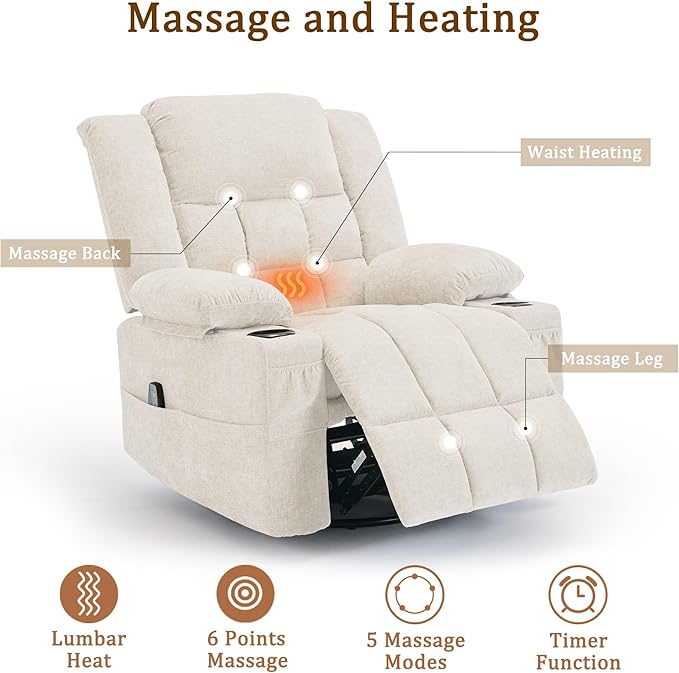 360° Swivel Rocker Recliner for Adults, Nursery Glider Recliner with Massage and Heating, Rocking Chair with Cup Holder, Manual Recliner Chair for Living Room, Bedroom (Fabric, Beige)