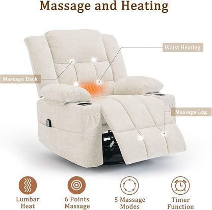 360° Swivel Rocker Recliner for Adults, Nursery Glider Recliner with Massage and Heating, Rocking Chair with Cup Holder, Manual Recliner Chair for Living Room, Bedroom (Fabric, Beige)