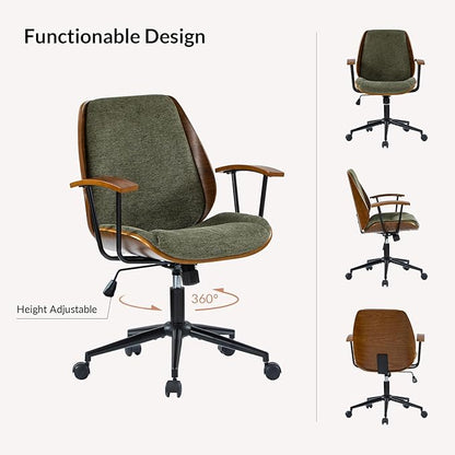 Modern Office Chair with Bentwood Polyester Upholstery Ergonomic Swivel Desk Chair with Adjustable Height for Home Office or Study Green