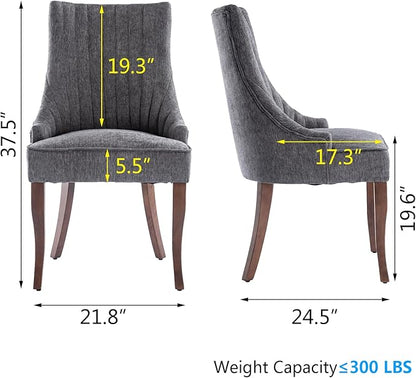 mikibama Linen Dining Chairs Set of 2 Channel Tufted Kitchen Dinner Chair Comfy Fabric Upholstered Accent Chair for Dining Room with Solid Wood Legs (Grey)