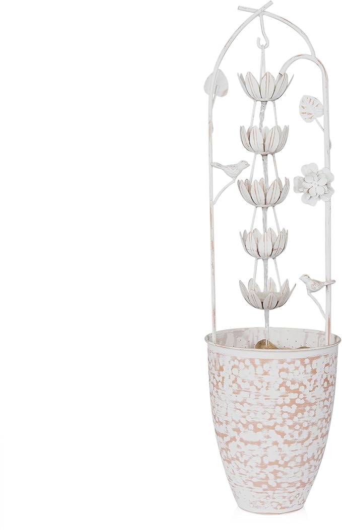 Alpine Corporation YHL866 30"" Metal Rustic Water Fountain with Decorative Flower – Cascading Waterfall Feature for Gardens, Patios, and Outdoor Décor, White