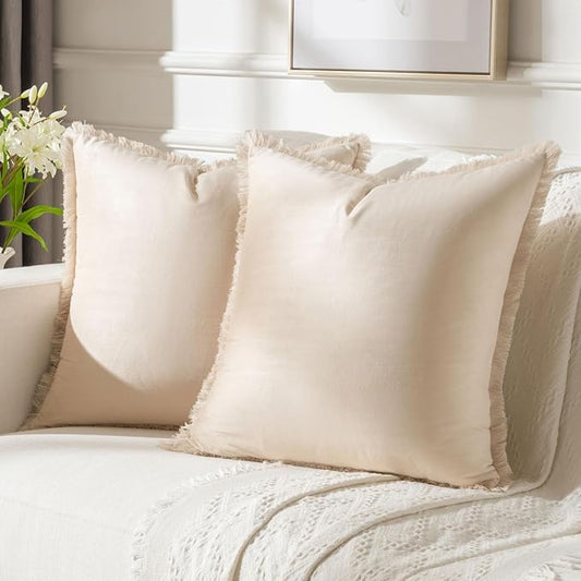 FUTEI Beige Velvet Decorative Throw Pillow Covers 20x20 Set of 2,Soft Cozy Edge with Tassels Cushion Case,Boho Modern Home Decor for Couch Bed Living Room