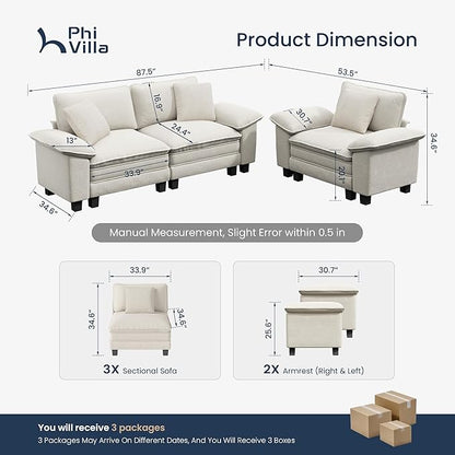 PHI VILLA Cloud Modular Couches Sets, 2 Pieces Sectional Sofa Set with Loveseat, 3-Seater Comfy Couch for Living Room Apartment, Chenille Fabric, Beige