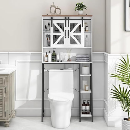 Over The Toilet Storage Cabinet, Farmhouse Storage Cabinet Over Toilet with 2 Sliding Barn Door，Home Space-Saving Toilet Rack, for Bathroom, Restroom, Laundry(White).