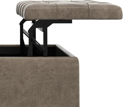 SIMPLIHOME Harrison Coffee Table Storage Ottoman - 36 inch Wide Upholstered Faux Leather Square Lift-Top Ottoman in Distressed Smoky Grey Brown, Transitional Ottoman for Living Room with Storage