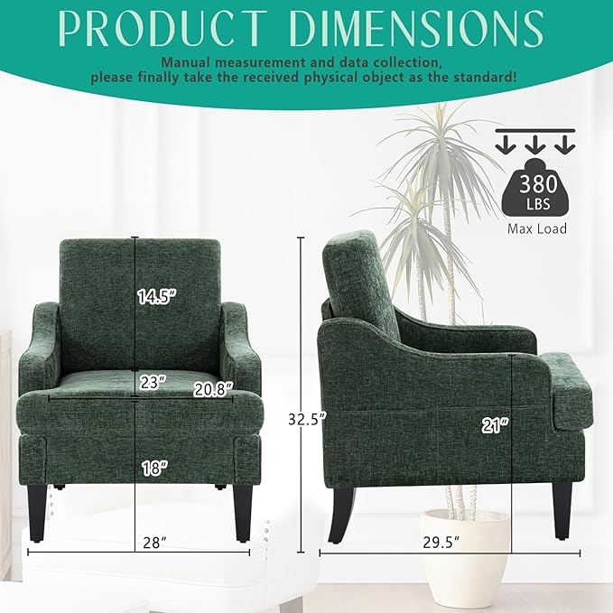 Modern Accent Chair for Bedroom Upholstered Reading Chair with Side Pockets Comfy Living Room Chairs Living Room Armchair for Office, Apartment (Green Chenille)