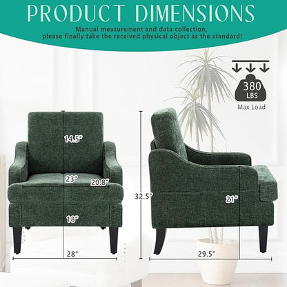 Modern Accent Chair for Bedroom Upholstered Reading Chair with Side Pockets Comfy Living Room Chairs Living Room Armchair for Office, Apartment (Green Chenille)