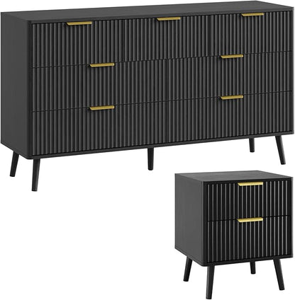 LYNSOM Fluted Dresser and Nightstand Sets 2 Piece, 2-Drawer Nightstands and 7-Drawers Dresser, Wood Bedroom Furniture Set for Home, Bedroom, Hallway, Black