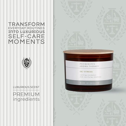 Pecksniff's Aromatherapy De-Stress Candle, 3-Wick, Cardamon & Rosemary, Premium Wax, 285g/10oz, Spicy Pine Scent, Eco-Friendly, Long-Lasting for Relaxation