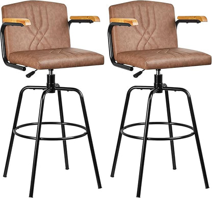 VECELO Bar Stools Set of 2, Swivel Faux Leather Bar Stools with Backs and Footrest, for Kitchen Islands, Dining Counters, Home Bars, Brown