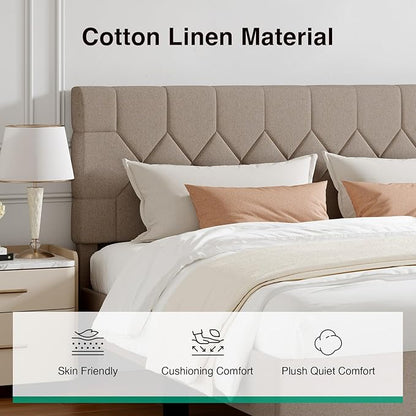 Novilla King Size Bed Frame, King Bed Frame and Headboard, Linen Upholstered Pull-Point Bed Frames, No Box Spring Needed, Heavy Duty Feet, Easy Assembly, Beige