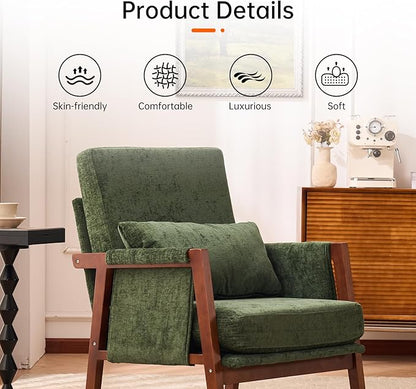 Accent Chair with Wooden, Mid Century Modern Living Room Chairs with Soft Armrest, Reading Pottery Barn Accent Chair, Chenille Armchair, Comfy Side chair with Lumbar Pillow for Lounge, Green