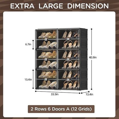 Black Shoe Rack Organizer Cabinet for Closet Entryway,Clear Shoe Storage Boxes Stackable Sneaker Storage with Door Easy Assembly Shoe Cabinet with Lids Large 6 Tiers 24 Pairs