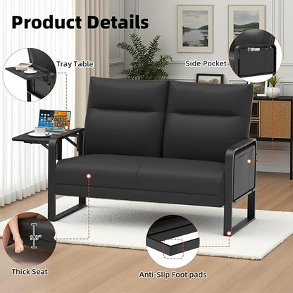 3-Piece Living Room Sofa Set, Faux Leather Loveseat & Accent Chairs Set of 2 with Foldable Tray Table & Storage Pocket, Upholstered Sofa Set for Small Spaces, Office, Black