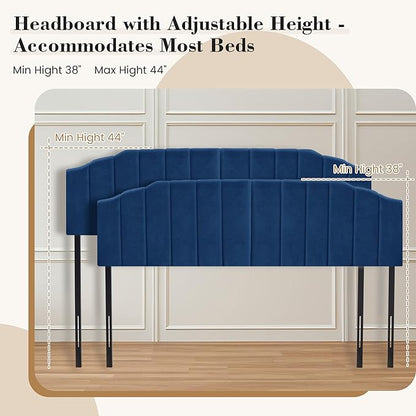Upholstered Headboard Adjustable Height Queen/King Headboard Cream Velvet Tufted Modern Vertical Channel Design with Stepped Silhouette Top Edge(Blue King)
