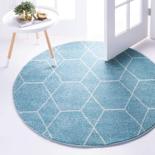 Unique Loom Trellis Frieze Collection Area Rug - Geometric (4' 1" Round, Light Blue/ Ivory)