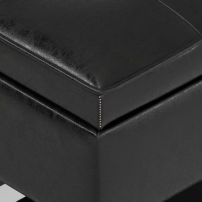 SIMPLIHOME Cosmopolitan 44 inch Wide Transitional Rectangle Storage Ottoman Bench with Open Bottom in Distressed Black Vegan Faux Leather, Assembled for the Living Room and Bedroom