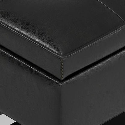 SIMPLIHOME Cosmopolitan 44 inch Wide Transitional Rectangle Storage Ottoman Bench with Open Bottom in Distressed Black Vegan Faux Leather, Assembled for the Living Room and Bedroom